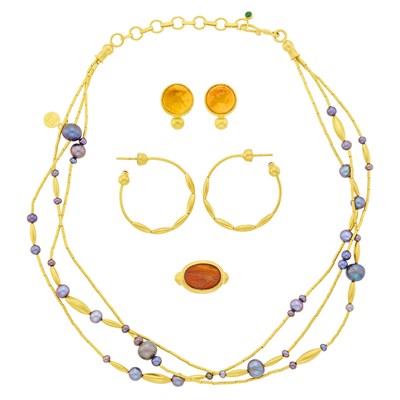 Lot 128 - Gurhan Group of High Karat Gold, Black Cultured Pearl, Cabochon Citrine and Glass Intaglio Jewelry