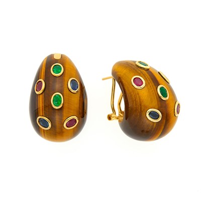 Lot 1011 - Pair of Gold, Tiger's Eye and Multicolored Stone Earrings