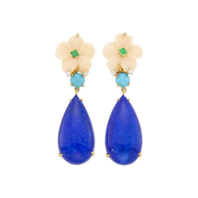 Lot 22 - Pair of Gold, Lapis, Carved Angel Skin Coral, Turquoise, Emerald and Diamond Pendant-Earclips