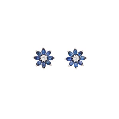 Lot 2156 - Pair of Platinum, Sapphire and Diamond Flower Earrings