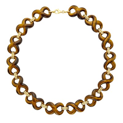 Lot 99 - Gold, Carved Tiger's Eye and Diamond Link Necklace