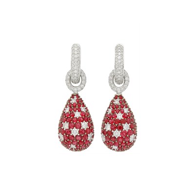 Lot 54 - Pair of White Gold, Ruby and Diamond Pendant-Earrings
