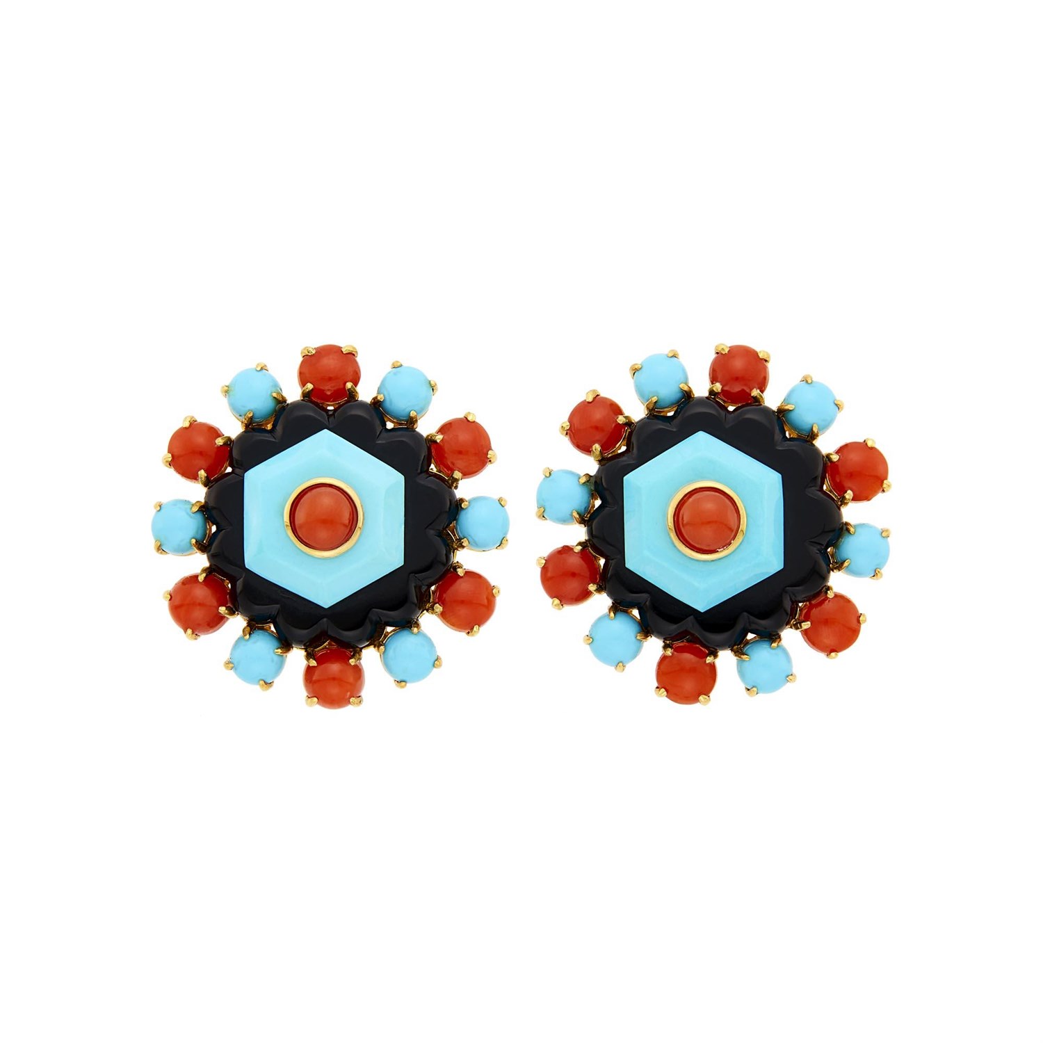 Lot 4 - Pair of Gold, Carved Turquoise, Black Onyx and Coral Earclips