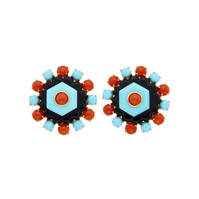 Lot 4 - Pair of Gold, Carved Turquoise, Black Onyx and Coral Earclips
