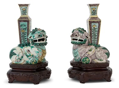 Lot 243 - A Pair of Chinese Famille Verte Porcelain Lion-Form Incense Holders