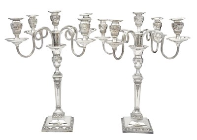 Lot 255 - Pair of Adams Style Silver-Plated Five-Light Candelabra