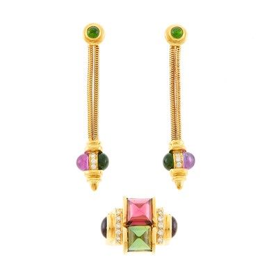 Lot 2019 - Chris Correia Gold, Pink and Green Tourmaline and Diamond Ring and Pair of Cabochon Tourmaline and Amethyst Pendant-Earrings