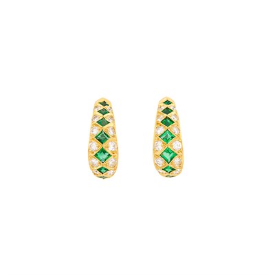 Lot 2136 - Pair of Gold, Emerald and Diamond Half-Hoop Earrings