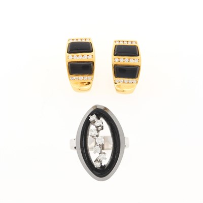 Lot 2034 - White Gold, Black Onyx and Diamond Ring and Pair of Gold, Black Onyx and Diamond Earrings