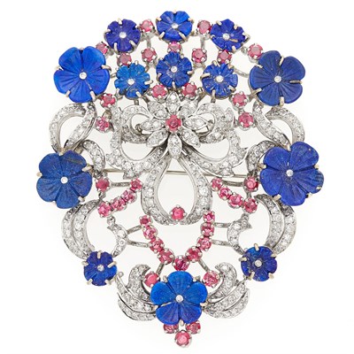 Lot 1066 - White Gold, Carved Lapis, Ruby and Diamond Floral Pendant-Brooch