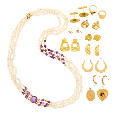 Lot 2248 - Triple Strand Freshwater Pearl, Amethyst and Gold Necklace and Group of Gold Jewelry