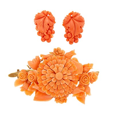 Lot 1141 - Carved Coral and Gold Brooch and Pair of Carved Coral and Silver Earclips