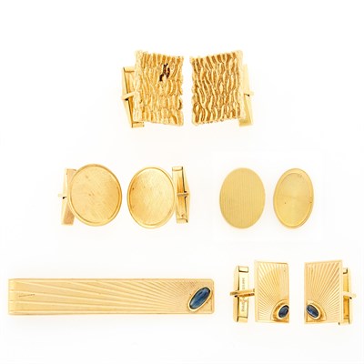 Lot 2235 - Two Pairs of Gold Cufflinks and Pair of Tie Clips, and Pair of Cabochon Sapphire Cufflinks and Tie Bar