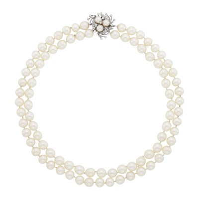 Lot 2174 - Double Strand Cultured Pearl Necklace with White Gold, Diamond and Cultured Pearl Clasp