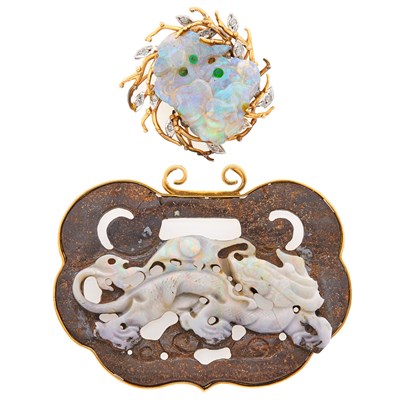 Lot 2093 - Two-Color Gold, Carved Opal, Emerald and Diamond Pendant and Gold and Boulder White Opal Pendant