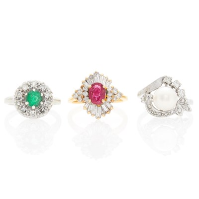 Lot 2147 - Three Yellow and White Gold, Diamond, Cultured Pearl, Ruby and Tourmaline Rings