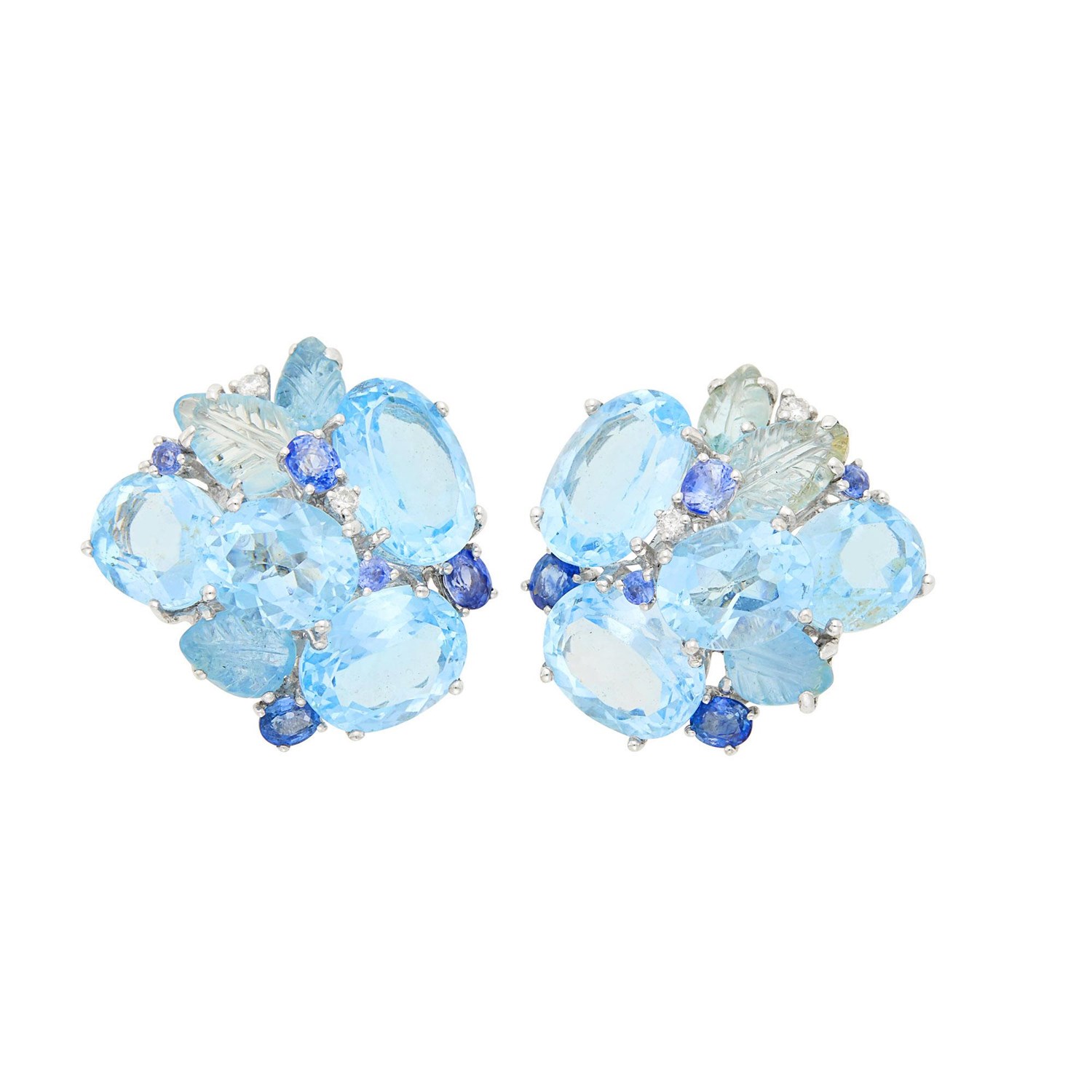 Lot 1081 - Pair of White Gold, Blue Topaz, Carved Aquamarine, Sapphire and Diamond Cluster Earclips