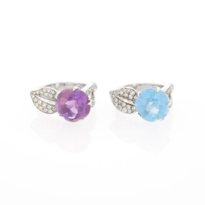 Lot 2199 - Pair of White Gold, Amethyst, Blue Topaz and Diamond Rings
