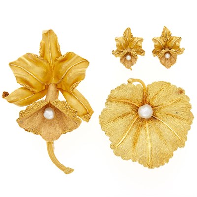 Lot 2069 - Two Gold and Freshwater Pearl Flower Brooches and Pair of Earclips