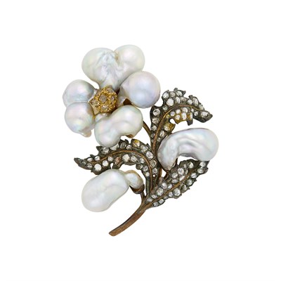Lot 43 - Buccellati Silver, Gold, Baroque Gray Cultured Pearl, Colored Diamond and Diamond Flower Clip