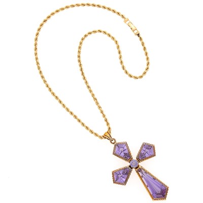 Lot 2205 - Gold and Synthetic Color-Change Sapphire Cross-Pendant Necklace