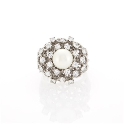 Lot 2184 - White Gold, Cultured Pearl and Diamond Ring