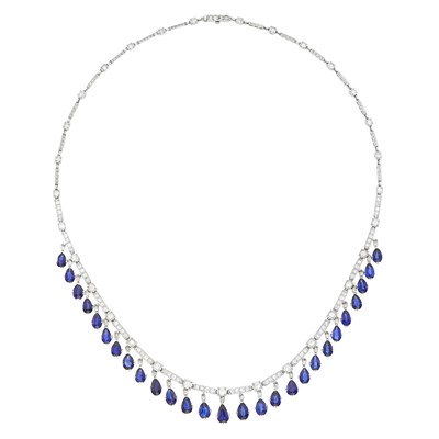 Lot 77 - Platinum, Sapphire and Diamond Fringe Necklace