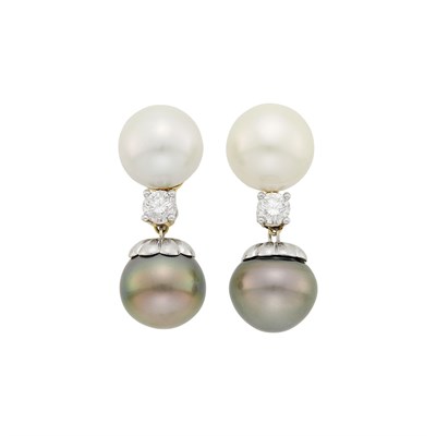 Lot 173 - Tony Duquette Pair of Two-Color Gold, South Sea and Tahitian Gray Cultured Pearl and Diamond Pendant-Earclips