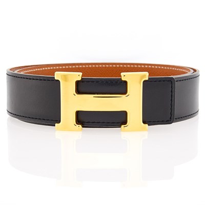 Lot 2036 - Hermès Paris Gilt-Metal and Black Leather 'H' Belt