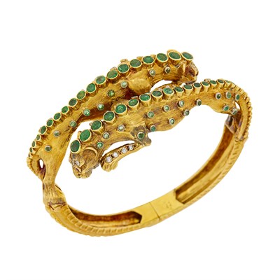 Lot 119 - Ilias Lalaounis Gold, Emerald and Diamond Panther Bangle Bracelet
