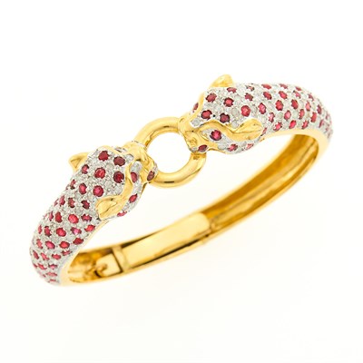 Lot 1227 - Two-Color Gold, Ruby and Diamond Panther Bangle Bracelet