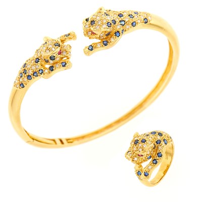 Lot 1231 - Gold, Sapphire and Diamond Panther Bangle Bracelet and Ring