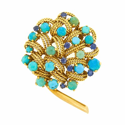 Lot 1008 - Gold, Turquoise and Sapphire Brooch