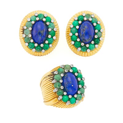 Lot 1014 - Pair of Gold, Lapis, Turquoise and Diamond Earclips and Ring