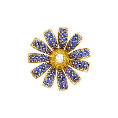 Lot 90 - Gold, Diamond and Sapphire Flower Clip-Brooch