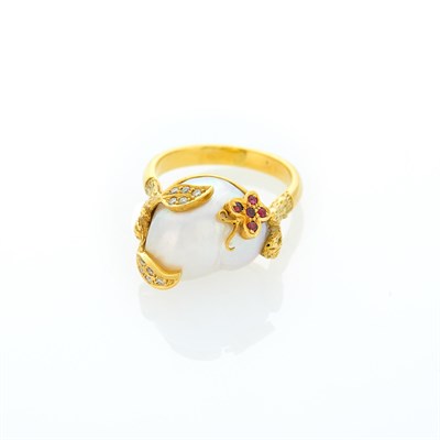 Lot 1021 - Gold, Baroque Cultured Pearl, Diamond and Ruby Flower Butterfly Ring