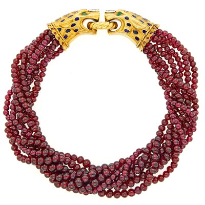 Lot 1230 - Eight Strand Garnet Bead, Gold, Blue Enamel, Gem-Set and Diamond Torsade Cheetah Choker Necklace