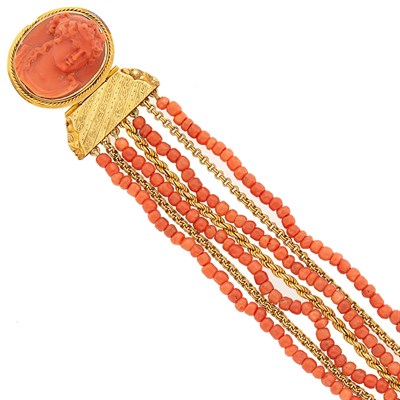 Lot 2098 - Antique Seven Strand Gold, Coral Bead and Cameo Bracelet