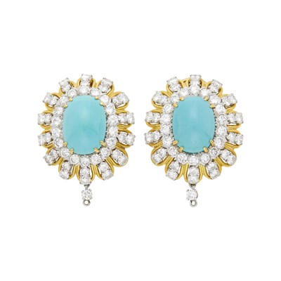 Lot 198 - Pair of Gold, Platinum, Turquoise and Diamond Earclips