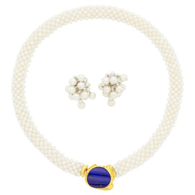 Lot 1229 - Braided Freshwater Pearl Mesh, Gold and Lapis Necklace and Pair of White Gold and Cultured Pearl Fringe Earclips