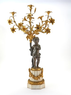 Lot 166 - Pair of Louis XVI Style Patinated Bronze, Gilt-Bronze and Marble Figural Five-Light Candelabra