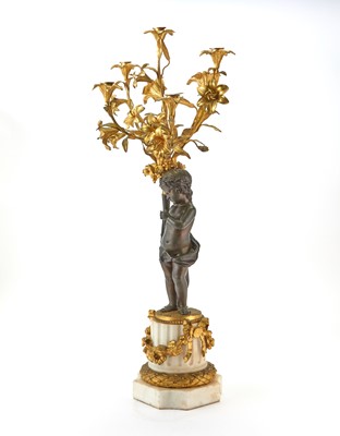 Lot 166 - Pair of Louis XVI Style Patinated Bronze, Gilt-Bronze and Marble Figural Five-Light Candelabra