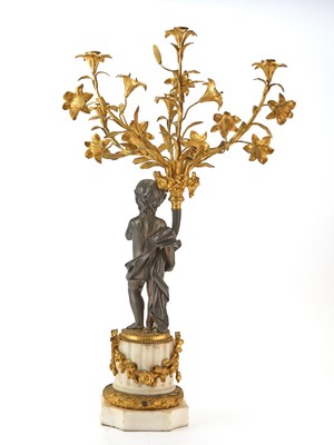 Lot 166 - Pair of Louis XVI Style Patinated Bronze, Gilt-Bronze and Marble Figural Five-Light Candelabra