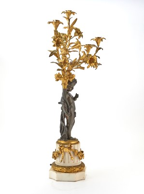 Lot 166 - Pair of Louis XVI Style Patinated Bronze, Gilt-Bronze and Marble Figural Five-Light Candelabra