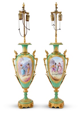 Lot 190 - Pair of Sevres Style Gilt-Bronze Mounted Green Ground Porcelain Vases as Lamps