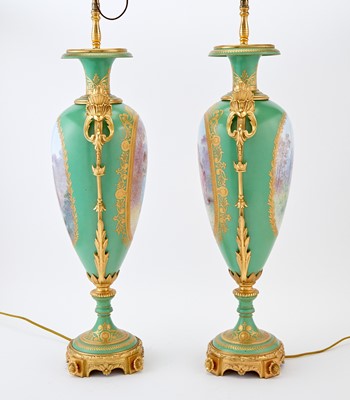 Lot 190 - Pair of Sevres Style Gilt-Bronze Mounted Green Ground Porcelain Vases as Lamps