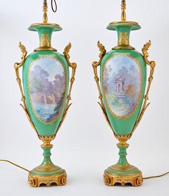 Lot 190 - Pair of Sevres Style Gilt-Bronze Mounted Green Ground Porcelain Vases as Lamps