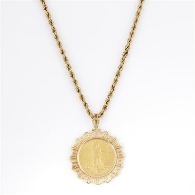 Lot 149 - Gold Coin Pendant and Neck Chain, 22K 21 dwt....