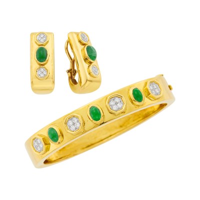 Lot 114 - Gold, Platinum, Cabochon Emerald and Diamond Bangle Bracelet and Pair of Earclips