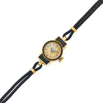Lot 1212 - Elgin Gilt-Metal and Black Enamel Wristwatch with Black Cord Bracelet